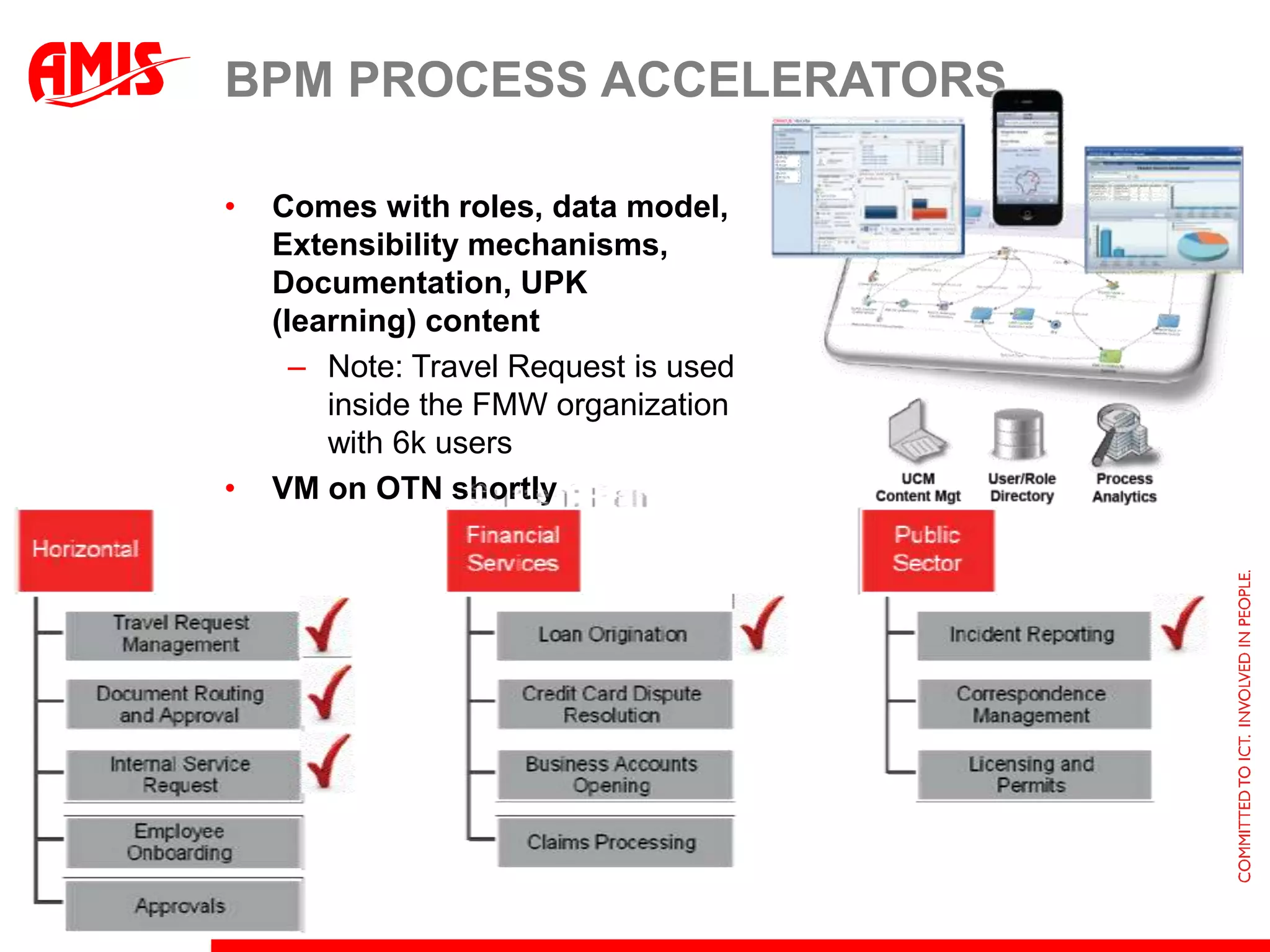 BPM PROCESS ACCELERATORS

•   Comes with roles, data model,
    Extensibility mechanisms,
    Documentation, UPK
    (learning) content
      – Note: Travel Request is used
        inside the FMW organization
        with 6k users
•   VM on OTN shortly
 