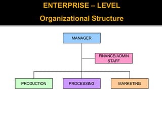 PRODUCTION PROCESSING MARKETING
MANAGER
FINANCE/ADMIN
STAFF
ENTERPRISE – LEVEL
Organizational Structure
 