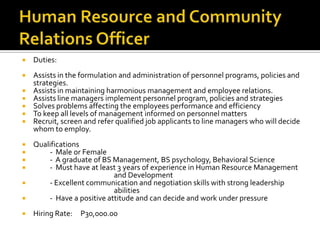  Duties:
 Assists in the formulation and administration of personnel programs, policies and
strategies.
 Assists in maintaining harmonious management and employee relations.
 Assists line managers implement personnel program, policies and strategies
 Solves problems affecting the employees performance and efficiency
 To keep all levels of management informed on personnel matters
 Recruit, screen and refer qualified job applicants to line managers who will decide
whom to employ.
 Qualifications
 - Male or Female
 - A graduate of BS Management, BS psychology, Behavioral Science
 - Must have at least 3 years of experience in Human Resource Management
and Development
 - Excellent communication and negotiation skills with strong leadership
abilities
 - Have a positive attitude and can decide and work under pressure
 Hiring Rate: P30,000.00
 