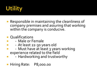  Responsible in maintaining the cleanliness of
company premises and assuring that working
within the company is conducive.
 Qualifications
 - Male or Female
 - At least 22-30 years old
 - Must have at least 3 years working
experience related to the field
 - Hardworking and trustworthy
 Hiring Rate: P8,000.00
 