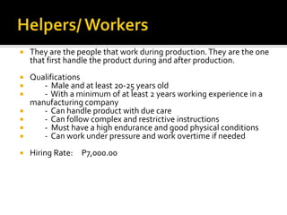  They are the people that work during production.They are the one
that first handle the product during and after production.
 Qualifications
 - Male and at least 20-25 years old
 - With a minimum of at least 2 years working experience in a
manufacturing company
 - Can handle product with due care
 - Can follow complex and restrictive instructions
 - Must have a high endurance and good physical conditions
 - Can work under pressure and work overtime if needed
 Hiring Rate: P7,000.00
 
