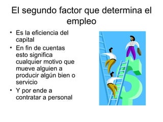 El segundo factor que determina el empleo Es la eficiencia del capital En fin de cuentas esto significa cualquier motivo que mueve alguien a producir algún bien o servicio Y por ende a contratar a personal 