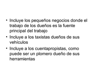 Incluye los pequeños negocios donde el trabajo de los dueños es la fuente principal del trabajo Incluye a los taxistas dueños de sus vehículos Incluye a los cuentapropistas, como puede ser un plomero dueño de sus herramientas 