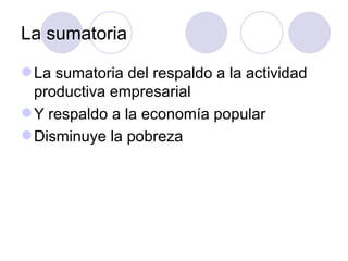 La sumatoria La sumatoria del respaldo a la actividad productiva empresarial Y respaldo a la economía popular Disminuye la pobreza 