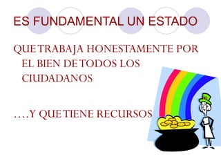 ES FUNDAMENTAL UN ESTADO QUE TRABAJA HONESTAMENTE POR EL BIEN DE TODOS LOS CIUDADANOS … .Y QUE TIENE RECURSOS 