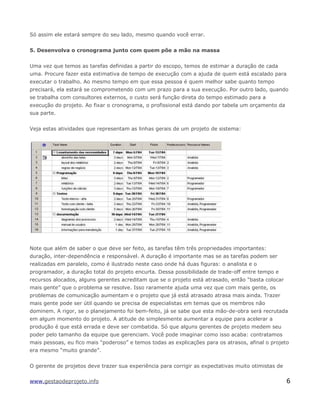 Só assim ele estará sempre do seu lado, mesmo quando você errar.
5. Desenvolva o cronograma junto com quem põe a mão na massa
Uma vez que temos as tarefas definidas a partir do escopo, temos de estimar a duração de cada
uma. Procure fazer esta estimativa de tempo de execução com a ajuda de quem está escalado para
executar o trabalho. Ao mesmo tempo em que essa pessoa é quem melhor sabe quanto tempo
precisará, ela estará se comprometendo com um prazo para a sua execução. Por outro lado, quando
se trabalha com consultores externos, o custo será função direta do tempo estimado para a
execução do projeto. Ao fixar o cronograma, o profissional está dando por tabela um orçamento da
sua parte.
Veja estas atividades que representam as linhas gerais de um projeto de sistema:
Note que além de saber o que deve ser feito, as tarefas têm três propriedades importantes:
duração, inter-dependência e responsável. A duração é importante mas se as tarefas podem ser
realizadas em paralelo, como é ilustrado neste caso onde há duas figuras: o analista e o
programador, a duração total do projeto encurta. Dessa possibilidade de trade-off entre tempo e
recursos alocados, alguns gerentes acreditam que se o projeto está atrasado, então “basta colocar
mais gente” que o problema se resolve. Isso raramente ajuda uma vez que com mais gente, os
problemas de comunicação aumentam e o projeto que já está atrasado atrasa mais ainda. Trazer
mais gente pode ser útil quando se precisa de especialistas em temas que os membros não
dominem. A rigor, se o planejamento foi bem-feito, já se sabe que esta mão-de-obra será recrutada
em algum momento do projeto. A atitude de simplesmente aumentar a equipe para acelerar a
produção é que está errada e deve ser combatida. Só que alguns gerentes de projeto medem seu
poder pelo tamanho da equipe que gerenciam. Você pode imaginar como isso acaba: contratamos
mais pessoas, eu fico mais “poderoso” e temos todas as explicações para os atrasos, afinal o projeto
era mesmo “muito grande”.
O gerente de projetos deve trazer sua experiência para corrigir as expectativas muito otimistas de
www.gestaodeprojeto.info 6
 