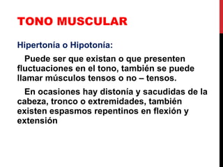 TONO MUSCULAR Hipertonía o Hipotonía: Puede ser que existan o que presenten fluctuaciones en el tono, también se puede llamar músculos tensos o no – tensos. En ocasiones hay distonía y sacudidas de la cabeza, tronco o extremidades, también existen espasmos repentinos en flexión y extensión 