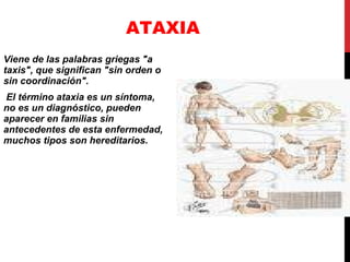 ATAXIA Viene de las palabras griegas "a taxis", que significan "sin orden o sin coordinación". El término ataxia es un síntoma, no es un diagnóstico, pueden aparecer en familias sin antecedentes de esta enfermedad, muchos tipos son hereditarios.   