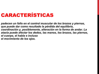 CARACTERÍSTICAS padecen un fallo en el control muscular de los brazos y piernas, que puede dar como resultado la pérdida del equilibrio, coordinación y, posiblemente, alteración en la forma de andar. La ataxia puede afectar los dedos, las manos, los brazos, las piernas, el cuerpo, el habla e incluso el movimiento de los ojos.   