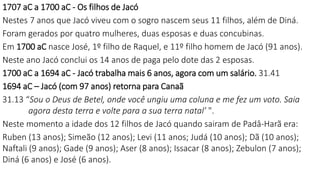 1707 aC a 1700 aC - Os filhos de Jacó
Nestes 7 anos que Jacó viveu com o sogro nascem seus 11 filhos, além de Diná.
Foram gerados por quatro mulheres, duas esposas e duas concubinas.
Em 1700 aC nasce José, 1º filho de Raquel, e 11º filho homem de Jacó (91 anos).
Neste ano Jacó conclui os 14 anos de paga pelo dote das 2 esposas.
1700 aC a 1694 aC - Jacó trabalha mais 6 anos, agora com um salário. 31.41
1694 aC – Jacó (com 97 anos) retorna para Canaã
31.13 “Sou o Deus de Betel, onde você ungiu uma coluna e me fez um voto. Saia
agora desta terra e volte para a sua terra natal’ ".
Neste momento a idade dos 12 filhos de Jacó quando sairam de Padâ-Harã era:
Ruben (13 anos); Simeão (12 anos); Levi (11 anos; Judá (10 anos); Dã (10 anos);
Naftali (9 anos); Gade (9 anos); Aser (8 anos); Issacar (8 anos); Zebulon (7 anos);
Diná (6 anos) e José (6 anos).
 