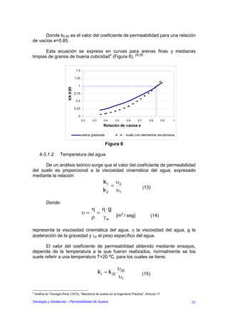Donde k0.85 es el valor del coeficiente de permeabilidad para una relación
de vacíos e=0.85.

       Esta ecuación se expresa en curvas para arenas finas y medianas
limpias de granos de buena cubicidadb (Figura 8). [4] [8]

                                        1.5

                                       1.25

                                         1
                            k/k 0.85




                                       0.75

                                        0.5

                                       0.25

                                         0
                                              0.2   0.3      0.4   0.5       0.6    0.7      0.8        0.9   1
                                                             Relación de vacíos e

                                              arena graduada                 suelo con elementos escamosos

                                                               Figura 8

       4-3.1.2        Temperatura del agua

      De un análisis teórico surge que el valor del coeficiente de permeabilidad
del suelo es proporcional a la viscosidad cinemática del agua, expresado
mediante la relación
                                                            k 1 υ2
                                                               =                          (13)
                                                            k 2 υ1

            Donde:
                                                    η η⋅g
                                              υ=      =                [m2 / seg]                (14)
                                                    ρ   γw

representa la viscosidad cinemática del agua, η la viscosidad del agua, g la
aceleración de la gravedad y γw el peso específico del agua.

       El valor del coeficiente de permeabilidad obtenido mediante ensayos,
depende de la temperatura a la que fueron realizados, normalmente se los
suele referir a una temperatura T=20 ºC, para los cuales se tiene:

                                                                       υ20
                                                          k t = k 20                      (15)
                                                                       υt

b
    Gráfica en Terzaghi-Peck (1973), “Mecánica de suelos en la Ingeniería Práctica”, Artículo 11

Geología y Geotecnia – Permeabilidad de Suelos                                                                    13
 