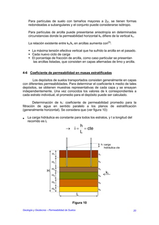 Para partículas de suelo con tamaños mayores a 2µ, se tienen formas
    redondeadas a subangulares y el conjunto puede considerarse isótropo.

    Para partículas de arcilla puede presentarse anisotropía en determinadas
    circunstancias donde la permeabilidad horizontal kh difiere de la vertical kv.

    La relación existente entre kh/kv en arcillas aumenta con[3]:

        La máxima tensión efectiva vertical que ha sufrido la arcilla en el pasado.
        Cada nuevo ciclo de carga
        El porcentaje de fracción de arcilla, como caso particular se presentan
         las arcillas listadas, que consisten en capas alternadas de limo y arcilla.


4-6 Coeficiente de permeabilidad en masas estratificadas

       Los depósitos de suelos transportados consisten generalmente en capas
con diferentes permeabilidades. Para determinar el coeficiente k medio de tales
depósitos, se obtienen muestras representativas de cada capa y se ensayan
independientemente. Una vez conocidos los valores de k correspondientes a
cada estrato individual, el promedio para el depósito puede ser calculado.

         Determinación de kΙ: coeficiente de permeabilidad promedio para la
filtración de agua en sentido paralelo a los planos de estratificación
(generalmente horizontal). Se considera que (ver figura 10):

•   La carga hidráulica es constante para todos los estratos, y l a longitud del
    recorrido es L
                                                     h
                                     →       i=        = cte
                                                     L

                                                                    h: carga
                                                                       hidráulica cte

                         H1                                    k1

                         H2                                    k2

                         H3                                    k3
                     H                                                  kΙ
                         H4                                    k4

                         H5                                    k5

                         H6                                    k6
                                                 L

                                           Figura 10

Geología y Geotecnia – Permeabilidad de Suelos                                          20
 