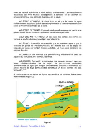 como es natural, solo hasta el nivel freático precisamente. Las elevaciones o
descensos del nivel freático corresponden a cambios en el volumen de
almacenamiento y no a cambios de presión en el agua.

       ACUÍFERO COLGADO: Acuífero libre en el que la masa de agua
subterránea es soportada por un estrato impermeable o semipermeable situado
sobre el nivel freático medio de la zona.

      ACUÍFERO FILTRANTE: Es aquel en el que el agua que se pierde o se
gana a través de sus fronteras representa un volumen apreciable.

       ACUÍFERO NO FILTRANTE: En este caso los estratos que sirven de
frontera al acuífero lo impermeabilizan casi totalmente.

       ACUÍFUGO: Formación impermeable que no contiene agua o que la
contiene en poros no intercomunicados, de manera que no es capaz de
proporcionar agua por ningún método práctico. La roca sana constituye un
ejemplo de esto.

      ACUITARDO: Son estratos que permiten muy lentamente el paso del
agua en su estructura. Por ejemplo, los limos.

        ACUICLUDO: Formación impermeable que aunque porosa y con sus
poros intercomunicados, no es capaz de proporcionar cantidades
aprovechables de agua por ningún procedimiento práctico y económico. La
arcilla masiva de baja permeabilidad constituye un buen ejemplo de esta
formación. [3] [5]

A continuación se muestran en forma esquemática las distintas formaciones
mencionadas (Figura 2).

                                                            acuífero colgado
                                                       acuífugo
                                                                         A
                                                                acuífero
                                                                             o
                                                                     acuífug
                      manantiales                                     B
                                                             acuífero

                                                            acuífugo


                  río
                                                       acuífugo                   D
                                                                          r   o
              ero C                                                   ífe
      acuíf                                                       u
                                                  nfinada       ac
                                          agua co
                                                                                      [9]

                nivel freático
                                            Figura 2
Geología y Geotecnia – Permeabilidad de Suelos                                              5
 