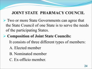 JOINT STATE PHARMACY COUNCIL
➢ Two or more State Governments can agree that
the State Council of one State is to serve the needs
of the participating States.
➢ Composition of Joint State Councils:
It consists of three different types of members:
A. Elected member
B. Nominated member
C. Ex-officio member.
24
 