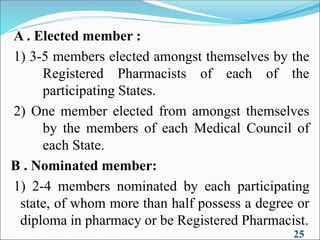 A . Elected member :
1) 3-5 members elected amongst themselves by the
Registered Pharmacists of each of the
participating States.
2) One member elected from amongst themselves
by the members of each Medical Council of
each State.
B . Nominated member:
1) 2-4 members nominated by each participating
state, of whom more than half possess a degree or
diploma in pharmacy or be Registered Pharmacist.
25
 