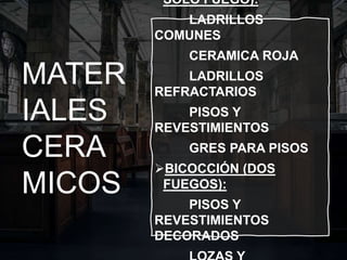 MATER
IALES
CERA
MICOS
SOLO FUEGO):
LADRILLOS
COMUNES
CERAMICA ROJA
LADRILLOS
REFRACTARIOS
PISOS Y
REVESTIMIENTOS
GRES PARA PISOS
BICOCCIÓN (DOS
FUEGOS):
PISOS Y
REVESTIMIENTOS
DECORADOS
 