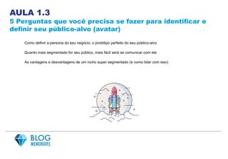 AULA 1.3
5 Perguntas que você precisa se fazer para identificar e
definir seu público-alvo (avatar)
Como definir a persona do seu negócio, o protótipo perfeito do seu público-alvo
Quanto mais segmentado for seu público, mais fácil será se comunicar com ele
As vantagens e desvantagens de um nicho super segmentado (e como lidar com isso)
 