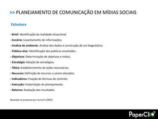 >> PLANEJAMENTO DE COMUNICAÇÃO EM MÍDIAS SOCIAIS

Estrutura

› Brief: Identificação da realidade situacional;
› Cenário: Levantamento de informações;
› Análise do ambiente: Análise dos dados e construção de um diagnóstico;
› Público-alvo: Identificação dos públicos envolvidos;
› Objetivos: Determinação de objetivos e metas;
› Estratégia: Adoção de estratégias;
› Tática: Estabelecimento de ações necessárias;
› Recursos: Definição de recursos a serem alocados;
› Indicadores: Fixação de técnicas de controle;
› Execução: Implantação do planejamento;
› Retorno: Avaliação dos resultados.


Baseada na proposta por Kunsch (2003)
 