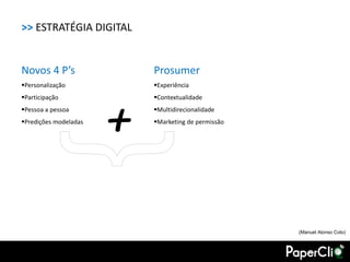 >> ESTRATÉGIA DIGITAL


Novos 4 P’s                Prosumer
Personalização            Experiência




                       +
Participação              Contextualidade
Pessoa a pessoa           Multidirecionalidade
Predições modeladas       Marketing de permissão




                                                     (Manuel Alonso Coto)
 