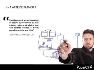 >> A ARTE DE PLANEJAR




“ Planejamento é um processo que
  se destina a produzir um ou mais
  estados futuros desejados que
  não deverão ocorrer, a menos
  que alguma coisa seja feita.”

  ACKOF, F1982, apud KUNSCH, 2003, p.244.
 