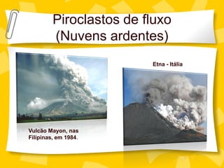 Piroclastos de fluxo
         (Nuvens ardentes)
                         Etna - Itália




Vulcão Mayon, nas
Filipinas, em 1984.
 
