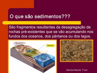 O que são sedimentos??? 

São fragmentos resultantes da desagregação de 
rochas pré­existentes que se vão acumulando nos 
fundos dos oceanos, dos pântanos ou dos lagos.




                                Ciências Naturais  7º ano 
 