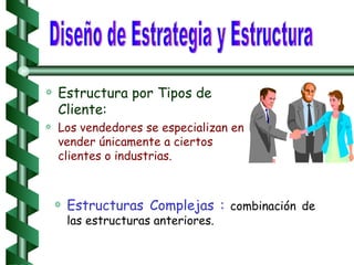 Estructura por Tipos de Cliente:   Los vendedores se especializan en vender únicamente a ciertos clientes o industrias. Diseño de Estrategia y Estructura Estructuras Complejas :  combinación de las estructuras anteriores. 