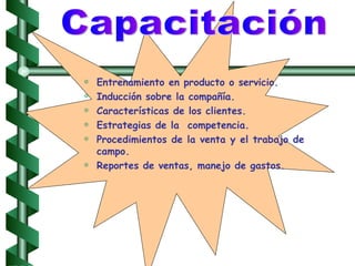 Entrenamiento en producto o servicio. Inducción sobre la compañía. Características de los clientes. Estrategias de la  competencia. Procedimientos de la venta y el trabajo de campo. Reportes de ventas, manejo de gastos. Capacitación 