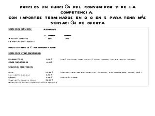 PRECI OS EN F UNCI ÓN D EL CONS UMI D OR Y D E L A
                     COMPETENCI A,
CON I MPORTES TERMI NAD OS EN 0 O EN 5 PARA TENR MÁS
                S ENS ACI ÓN D E OF ERTA
SERVI CI OS BÁSI COS:                           ALOJA I ENTO
                                                     M

                                                 F. SEM NA
                                                       A                  SEM NA
                                                                             A
A qui l er compl eto
  l                                                 250                     600
( 3 habi taci ones dobl es )

PRECI O ESTI M DO 1 5 € POR PERSONA Y NOCHE
              A

SERVI CI OS COMPLEMENTARI OS

DESAYUNO TÍPI CO                                    3, 00 €           ( caf é con l e che , z umo, d ul ce s t í pi cos , churros , t os t ad as ace i t e , pri ngue )
CA A SUPLETORI A
  MS            S                                   1 0. 50€

SERVI CI OS PERI FÉ RI COS

Ce nas                                             1 2, 00 €          ( raci one s , t apas vari ad as , bocad i l l os , re f re s cos , vi no, ce rve z a, agua, pos t re , caf é )
Saco carb ó n barbacoa                              2, 50 €
Canguro                                             5, 00 €           ( por ni ño y hora)
Trami t aci ó n pe rmi s os pe s ca                50, 00 €
Organi z aci ó n e s t anci a t e má t i ca s e g ú n pe t i ci ó n
 