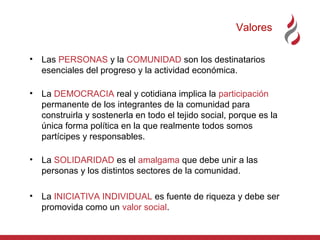Valores
• Las PERSONAS y la COMUNIDAD son los destinatarios
esenciales del progreso y la actividad económica.
• La DEMOCRACIA real y cotidiana implica la participación
permanente de los integrantes de la comunidad para
construirla y sostenerla en todo el tejido social, porque es la
única forma política en la que realmente todos somos
partícipes y responsables.
• La SOLIDARIDAD es el amalgama que debe unir a las
personas y los distintos sectores de la comunidad.
• La INICIATIVA INDIVIDUAL es fuente de riqueza y debe ser
promovida como un valor social.

 