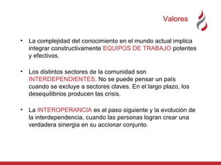 Valores
• La complejidad del conocimiento en el mundo actual implica
integrar constructivamente EQUIPOS DE TRABAJO potentes
y efectivos.
• Los distintos sectores de la comunidad son
INTERDEPENDIENTES. No se puede pensar un país
cuando se excluye a sectores claves. En el largo plazo, los
desequilibrios producen las crisis.
• La INTEROPERANCIA es el paso siguiente y la evolución de
la interdependencia, cuando las personas logran crear una
verdadera sinergia en su accionar conjunto.

 