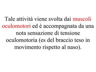 Tale attività viene svolta dai muscoli
oculomotori ed è accompagnata da una
nota sensazione di tensione
oculomotoria (es del braccio teso in
movimento rispetto al naso).
 