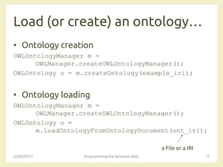 Load (or create) an ontology…
• Ontology creation
OWLOntologyManager m =
OWLManager.createOWLOntologyManager();
OWLOntology o = m.createOntology(example_iri);
• Ontology loading
OWLOntologyManager m =
OWLManager.createOWLOntologyManager();
OWLOntology o =
m.loadOntologyFromOntologyDocument(ont_iri);
22/02/2017 Programming the Semantic Web 17
a File or a IRI
 