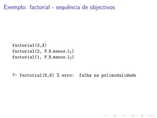 Exemplo: factorial - sequência de objectivos
factorial(3,X)
factorial(2, F N menos 11)
factorial(1, F N menos 12)
?- factorial(X,6) % erro: falha na polimodalidade
 
