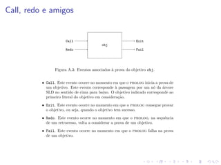 Call, redo e amigos
SOBREVIVÊNCIA EM PROLOG 373
obj
Redo
Call
Fail
Exit
Figura A.3: Eventos associados à prova do objetivo obj.
• Call. Este evento ocorre no momento em que o prolog inicia a prova de
um objetivo. Este evento corresponde à passagem por um nó da árvore
SLD no sentido de cima para baixo. O objetivo indicado corresponde ao
primeiro literal do objetivo em consideração.
• Exit. Este evento ocorre no momento em que o prolog consegue provar
o objetivo, ou seja, quando o objetivo tem sucesso.
• Redo. Este evento ocorre no momento em que o prolog, na sequência
de um retrocesso, volta a considerar a prova de um objetivo.
• Fail. Este evento ocorre no momento em que o prolog falha na prova
de um objetivo.
O meta-predicado de sistema trace/1, aceita como argumento o nome de um
outro predicado e permite seguir o rasto da avaliação do predicado especificado.
Exemplo A.7.1 Consideremos o programa do Exemplo 7.6.1:
 