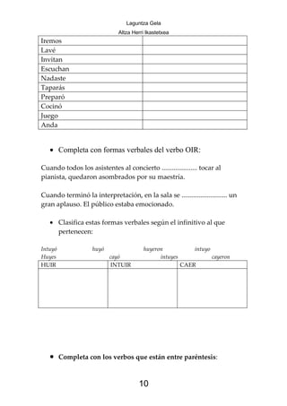 Laguntza Gela
                              Altza Herri Ikastetxea
Iremos
Lavé
Invitan
Escuchan
Nadaste
Taparás
Preparó
Cocinó
Juego
Anda


   • Completa con formas verbales del verbo OIR:

Cuando todos los asistentes al concierto ..................... tocar al
pianista, quedaron asombrados por su maestría.

Cuando terminó la interpretación, en la sala se ........................... un
gran aplauso. El público estaba emocionado.

   • Clasifica estas formas verbales según el infinitivo al que
     pertenecen:

Intuyó              huyó                huyeron              intuyo
Huyes                      cayó               intuyes                 cayeron
HUIR                       INTUIR                       CAER




   •     Completa con los verbos que están entre paréntesis:



                                      10
 