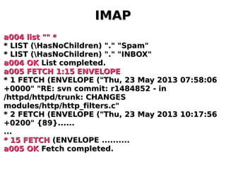 IMAPIMAP
a004 list "" *a004 list "" *
* LIST (HasNoChildren) "." "Spam"* LIST (HasNoChildren) "." "Spam"
* LIST (HasNoChildren) "." "INBOX"* LIST (HasNoChildren) "." "INBOX"
a004 OKa004 OK List completed.List completed.
a005 FETCH 1:15 ENVELOPEa005 FETCH 1:15 ENVELOPE
* 1 FETCH (ENVELOPE ("Thu, 23 May 2013 07:58:06* 1 FETCH (ENVELOPE ("Thu, 23 May 2013 07:58:06
+0000" "RE: svn commit: r1484852 - in+0000" "RE: svn commit: r1484852 - in
/httpd/httpd/trunk: CHANGES/httpd/httpd/trunk: CHANGES
modules/http/http_filters.c"modules/http/http_filters.c"
* 2 FETCH (ENVELOPE ("Thu, 23 May 2013 10:17:56* 2 FETCH (ENVELOPE ("Thu, 23 May 2013 10:17:56
+0200" {89}......+0200" {89}......
......
* 15 FETCH* 15 FETCH (ENVELOPE ..........(ENVELOPE ..........
a005 OKa005 OK Fetch completed.Fetch completed.
 