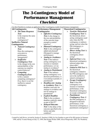 3 Contingency Model



               The 3-Contingency Model of
                Performance Management
                       Checklist
Use this Checklist to evaluate an application of the 3-contingency model of performance management.
All Contingencies                     Performance-Management                 Theoretical Contingencies
     The Same Response               Contingencies                              Need for Theoretical
      Test-                               Effective Contingency                   Contingency Test- Is
        Is the response the same            Test- Is the change in                 the theoretical, direct-
        in all three                           the size and probability            acting contingency used
        contingencies?                         of the outcome large                only when the PM
Ineffective Natural                            enough to control                   contingency is indirect-
Contingencies                                  behavior?                           acting, and not when the
    Natural Contingency                      Planned Contingency                 PM contingency is
       Test-                                   Test- Is the contingency            direct-acting?
        Does the contingency                   added and planned?                 Direct Acting Test- Is
        exist prior to                         (Designed to manage                 the theoretical
        performance                            performance)                        contingency direct-
        management?                           Analog to Avoidance                 acting?
       Ineffective                            Test- If the indirect-             Inferred Test- Is the
        Contingency Test-                      acting contingency is to            theoretical contingency
        Is the change in the size              increase or maintain                inferred rather than
        and probability of the                 performance, is it an               observable?
        outcome too small to                   analog to avoidance?               Linked to PM Test- Is
        control behavior?                     Analog to Punishment                the theoretical
       Competing                              Test- If the indirect-              contingency related to
                                                                                   the PM contingency and
        ContingencyTest-                       acting contingency is to
                                               decrease performance, is            not to the ineffective
        Is this a natural
                                               it an analog to penalty or          natural contingency?
        competing contingency?
        If so, then it is not the              punishment?                          Escape Contingency
        ineffective natural                   Deadlines for Analog                  Test- If the PM
        contingency.                           to Avoidance Test- Is a               contingency is to
                                               deadline used only for                increase or maintain
                                               analogs to avoidance and              performance, is the
                                               not for analogs to                    theoretical contingency
                                               punishment?                           an escape contingency?
                                              Explicit Deadline                    Punishment
                                               Test- Is the avoidance                Contingency Test- If
                                               deadline explicitly stated            the PM contingency is
                                               as part of the SD?                    designed to decrease
                                                                                     performance, is the
                                              Delayed Outcome
                                                                                     theoretical contingency a
                                               Test- Is the delay of the             punishment contingency?
                                               outcome specified in the
                                               before and after
                                               condition?

Created by Judi Devoe, revised by Jacalyn S. Smeltzer (1998), by Jon Gauthier as part of his MA project in Summer
 1998, and by Yvonne Heung on July 12, 1999, Dan Knittel Winter 2000, Alicia Wargowsky 2003, Nic Weatherly
                                                      2006.
 