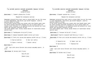 7-ð àíãèéí ìîíãîë õýëíèé õè÷ýýëèéí òºâøèí òîãòîîõ                              7-ð àíãèéí ìîíãîë õýëíèé õè÷ýýëèéí òºâøèí òîãòîîõ
                          øàëãàëò                                                                        øàëãàëт
                              õóãàöàà 40 ìèíóò                                                                 õóãàöàà 40 ìèíóò

Äààëãàâàð: 1     Ñýäâèéã öýýæýýð áè÷ /5 îíîî/                                Äààëãàâàð: 1 .Ñýäâèéã öýýæýýð áè÷ / 5 îíîî /

                     ßäóóðàë áîë çàëõóóðëûí øàëòãààí                                                ßäóóðàë áîë çàëõóóðëûí øàëòãààí

Õºäºëìºð÷ õè÷ýýíã¿é ¸ñíû ýñðýã øèíæ íü çàëõóó õîéðãî çàí þì. Ýíý ÷àíàð       Õºäºëìºð÷ õè÷ýýíã¿é ¸ñíû ýñðýã øèíæ íü çàëõóó õîéðãî çàí þì. Ýíý ÷àíàð
íü õ¿íèé õºäºëìºðëºõ, õèéæ á¿òýýõ, äóð õ¿ñëèéã áóóðóóëæ , õ¿íèé àç           íü õ¿íèé õºäºëìºðëºõ, õèéæ á¿òýýõ, äóð õ¿ñëèéã áóóðóóëæ , õ¿íèé àç
æàðãàëûí äàéñàí íü áîëäîã.                                                   æàðãàëûí äàéñàí íü áîëäîã.
Òà íàð õè÷ýýë ñóðãóóëü áóñàä îëîí àæëààñ õîéø ñóóæ áèåèéí àìðûã õàðæ,        Òà íàð õè÷ýýë ñóðãóóëü áóñàä îëîí àæëààñ õîéø ñóóæ áèåèéí àìðûã õàðæ,
á¿õ ç¿éëýý áóñäààð õèéëãýõèéã ìýðèéäýã áîë òýð íü çàëõóó õîéðãî çàí          á¿õ ç¿éëýý áóñäààð õèéëãýõèéã ìýðèéäýã áîë òýð íü çàëõóó õîéðãî çàí
÷àíàðûí èëðýë. Çàëõóóðàõ íü õ¿í ººðèéãºº ìýõýëæ áóé àð÷ààã¿é çàí, ñàëàí      ÷àíàðûí èëðýë. Çàëõóóðàõ íü õ¿í ººðèéãºº ìýõýëæ áóé àð÷ààã¿é çàí, ñàëàí
çàäãàé, äóð çîðãîîðîî çàíøñàíû ãàé ìºí.                                      çàäãàé, äóð çîðãîîðîî çàíøñàíû ãàé ìºí.
Ãýâ÷ ¿¿íèéã ººðèéí çîðèã òýâ÷ýýð, ºìíºº òàâüñàí ÷èã çîðèëãîîðîî çàëõóóã      Ãýâ÷ ¿¿íèéã ººðèéí çîðèã òýâ÷ýýð, ºìíºº òàâüñàí ÷èã çîðèëãîîðîî çàëõóóã
àðèëãàæ ÷àäíà.                                                               àðèëãàæ ÷àäíà.

Äààëãàâàð: 2. Òàéëáàðëàìæ ãýæ þó âý? /5 îíîî/                                    Äààëãàâàð: 2   Òîî÷èìæ ãýæ þó âý? / 5 îíîî /

Äààëãàâàð: 3     Äàðààõ áîäîìæèéí çºâèéí ñîíãîíî óó./5 îíîî/                      Äààëãàâàð:3 Òîäîòãîë ãèø¿¿íèé òóõàé áè÷íý ¿¿./ 5 îíîî /

Äààëãàâàð: 4 . ¯ãèéã óòãàò õýñãýýð çºâ çàäàëñàí õýñãèéã îëíî óó. / 2 îíîî/       Äààëãàâàð: 4 ¯ãèéã óòãàò õýñãýýð çºâ çàäàëñàí õýñãèéã îëíî óó. / 2 îíîî
                                                                             /
            À. Õýð+ýý+ñíèé+õýý          Á. Õýð+ ýýñ+ íèé+ýý
                                                                                           À. Õóäàëä+ãä ñàí          Á. Õóäàë+ ãàä+ ñàí
            Â. Õýðýý+ ñ+íèé+õýý.        Ã. Õýðýýñ+ íèé+ýý
                                                                                           Â. Õóä+ëä+ãä+ñàí.         Ã. Õóäàëäãä+ñàí
Äààëãàâàð: 5 .
                                                                             Äààëãàâàð: 5
 “ ÃÀÐ”   ãýäýã ¿ãèéã ìîíãîë áè÷ãèéí òèéí ÿëãàëûí íºõöëººð õóâèëãà.   /5
îíîî/                                                                        “ Í¯Ä ” ãýäýã ¿ãèéã ìîíãîë áè÷ãèéí òèéí ÿëãàëûí íºõöëººð õóâèëãà. / 5
                                                                             îíîî/
 Äààëãàâàð: 6. áè÷ãèéí ñî¸ë /3 îíîî/
                                                                             Äààëãàâàð: 6 . áè÷ãèéí ñî¸ë /3 îíîî/
                                 Á¿ãä 25 îíîî
                                                                                                                Á¿ãä 25 îíîî
                                 Àìæèëò õ¿ñüå
                                                                                                                Àìæèëò õ¿ñüå
 