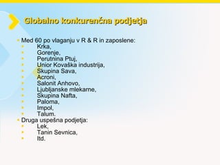 Globalno konkurenčna podjetja  Med 60 po vlaganju v R & R in zaposlene: Krka, Gorenje, Perutnina Ptuj,  Unior Kovaška industrija, Skupina Sava, Acroni, Salonit Anhovo, Ljubljanske mlekarne, Skupina Nafta, Paloma, Impol, Talum. Druga uspešna podjetja: Lek,  Tanin Sevnica, Itd. 