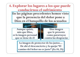 4. Explorar los lugares a los que puede
      conducirnos el sufrimiento
 En las páginas precedentes hemos visto
    que la presencia del dolor pone a
  Dios en el banquillo de los acusados

      Aunque quizá,               Una imagen
       más que Dios,             que le presenta
  es la imagen personal         como pararrayos
    que se tiene de él        contra las desgracias
       La imagen de protector de los justos…
        De ahí el desconcierto y la queja: “El
      camino del Señor no es justo” (Ez.18, 25)
 