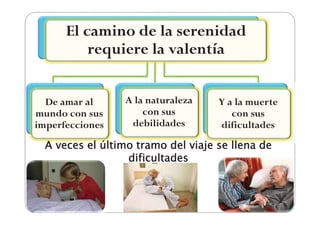 El camino de la serenidad
          requiere la valentía


  De amar al     A la naturaleza    Y a la muerte
mundo con sus        con sus           con sus
imperfecciones    debilidades       dificultades
  A veces el último tramo del viaje se llena de
                  dificultades
 