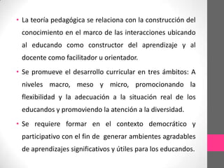 • La teoría pedagógica se relaciona con la construcción del
 conocimiento en el marco de las interacciones ubicando
 al educando como constructor del aprendizaje y al
 docente como facilitador u orientador.
• Se promueve el desarrollo curricular en tres ámbitos: A
 niveles macro, meso y micro, promocionando la
 flexibilidad y la adecuación a la situación real de los
 educandos y promoviendo la atención a la diversidad.
• Se requiere formar en el contexto democrático y
 participativo con el fin de generar ambientes agradables
 de aprendizajes significativos y útiles para los educandos.
 
