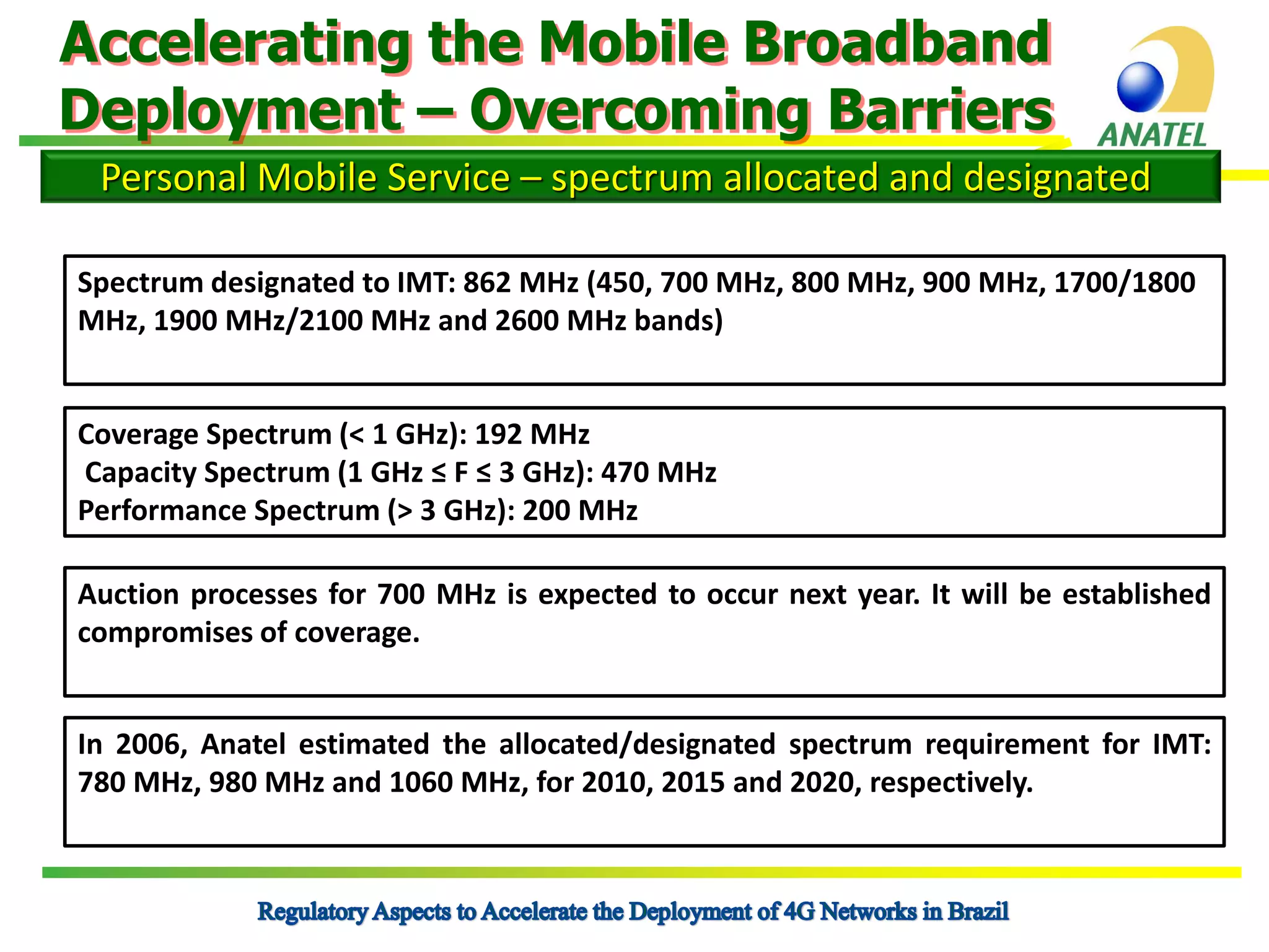 Accelerating the Mobile Broadband
Deployment – Overcoming Barriers
Personal Mobile Service – spectrum allocated and designated
Spectrum designated to IMT: 862 MHz (450, 700 MHz, 800 MHz, 900 MHz, 1700/1800
MHz, 1900 MHz/2100 MHz and 2600 MHz bands)

Coverage Spectrum (< 1 GHz): 192 MHz
Capacity Spectrum (1 GHz ≤ F ≤ 3 GHz): 470 MHz
Performance Spectrum (> 3 GHz): 200 MHz
Auction processes for 700 MHz is expected to occur next year. It will be established
compromises of coverage.

In 2006, Anatel estimated the allocated/designated spectrum requirement for IMT:
780 MHz, 980 MHz and 1060 MHz, for 2010, 2015 and 2020, respectively.

 