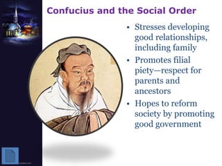 Confucius and the Social OrderStresses developing good relationships, including familyPromotes filial piety—respect for parents and  ancestorsHopes to reform society by promoting good government