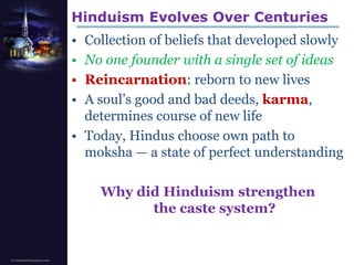 Hinduism Evolves Over CenturiesCollection of beliefs that developed slowlyNo one founder with a single set of ideasReincarnation: reborn to new livesA soul’s good and bad deeds, karma, determines course of new lifeToday, Hindus choose own path to moksha — a state of perfect understandingWhy did Hinduism strengthenthe caste system?