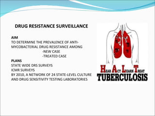 DRUG RESISTANCE SURVEILLANCE AIM TO DETERMINE THE PREVALENCE OF ANTI-MYCOBACTERIAL DRUG RESISTANCE AMONG  -NEW CASE -TREATED CASE PLANS STATE WIDE DRS SURVEYS ICMR SURVEYS BY 2010, A NETWORK OF 24 STATE-LEVEL CULTURE AND DRUG SENSITIVITY TESTING LABORATORIES 