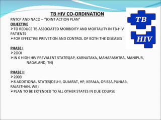 TB HIV CO-ORDINATION RNTCP AND NACO – “JOINT ACTION PLAN” OBJECTIVE TO REDUCE TB ASSOCIATED MORBIDITY AND MORTALITY IN TB-HIV  PATIENTS FOR EFFECTIVE PREVETION AND CONTROL OF BOTH THE DISEASES PHASE I 2OOI IN 6 HIGH HIV PREVALENT STATES(AP, KARNATAKA, MAHARASHTRA, MANIPUR,  NAGALAND, TN) PHASE II 2003 8 ADDITIONAL STATES(DELHI, GUJARAT, HP, KERALA, ORISSA,PUNJAB,  RAJASTHAN, WB) PLAN TO BE EXTENDED TO ALL OTHER STATES IN DUE COURSE 
