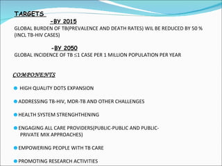 COMPONENTS HIGH QUALITY DOTS EXPANSION ADDRESSING TB-HIV, MDR-TB AND OTHER CHALLENGES HEALTH SYSTEM STRENGHTHENING ENGAGING ALL CARE PROVIDERS(PUBLIC-PUBLIC AND PUBLIC- PRIVATE MIX APPROACHES) EMPOWERING PEOPLE WITH TB CARE PROMOTING RESEARCH ACTIVITIES TARGETS    - BY 2015 GLOBAL BURDEN OF TB(PREVALENCE AND DEATH RATES) WIL BE REDUCED BY 50 % (INCL TB-HIV CASES)   - BY 2050 GLOBAL INCIDENCE OF TB   1 CASE PER 1 MILLION POPULATION PER YEAR 