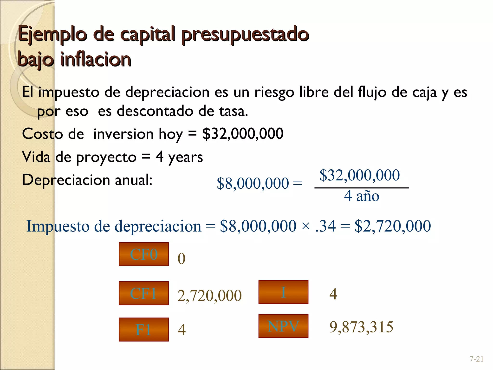 Ejemplo de capital presupuestado bajo inflacion El impuesto de depreciacion es un riesgo libre del flujo de caja y es por eso  es descontado de tasa. Costo de  inversion hoy = $32,000,000 Vida de proyecto = 4 years Depreciacion anual: 7- CF0 Impuesto de depreciacion = $8,000,000  ×  .34 = $2,720,000 4 2,720,000 0 CF1 F1 9,873,315 I NPV 4 $8,000,000 = $32,000,000 4 año 
